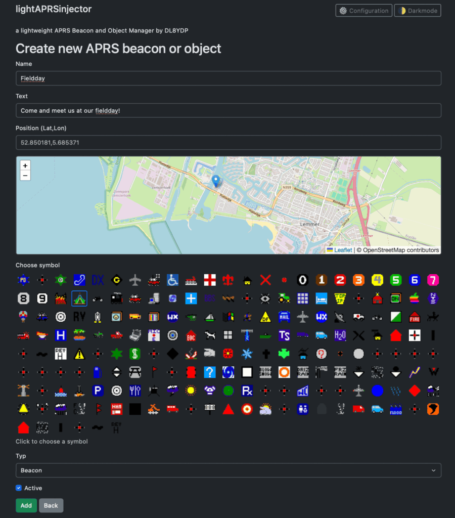 Screenshot of the "New APRS item" screen