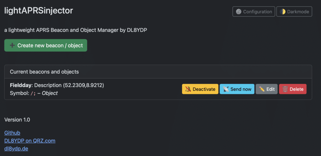 Screenshot of lightAPRSinjector